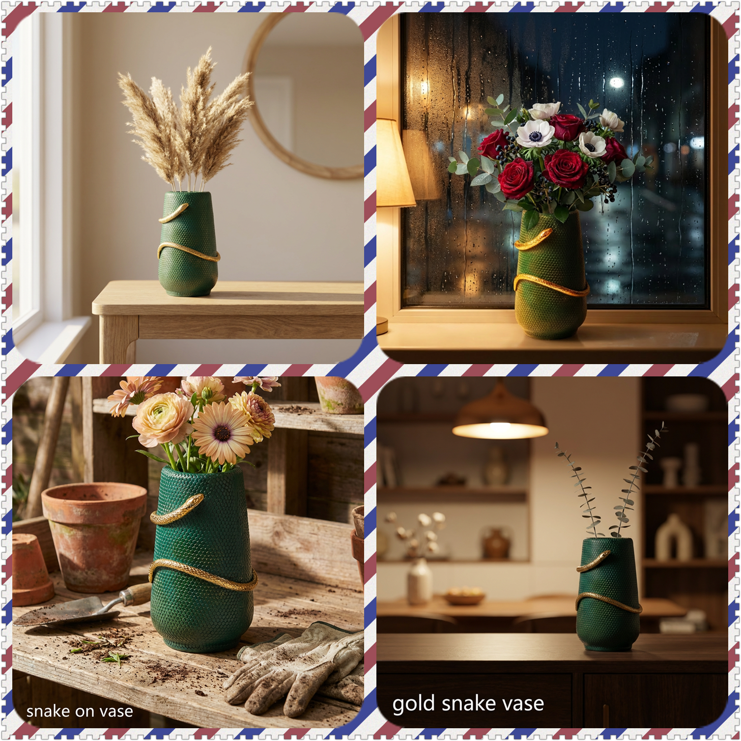 ChexLizard Decorative Snake Vase, Green Vase with Gold Snake Wrap, Textured Finish, Includes Clear PE Water Insert, 8 Inch Home Accent