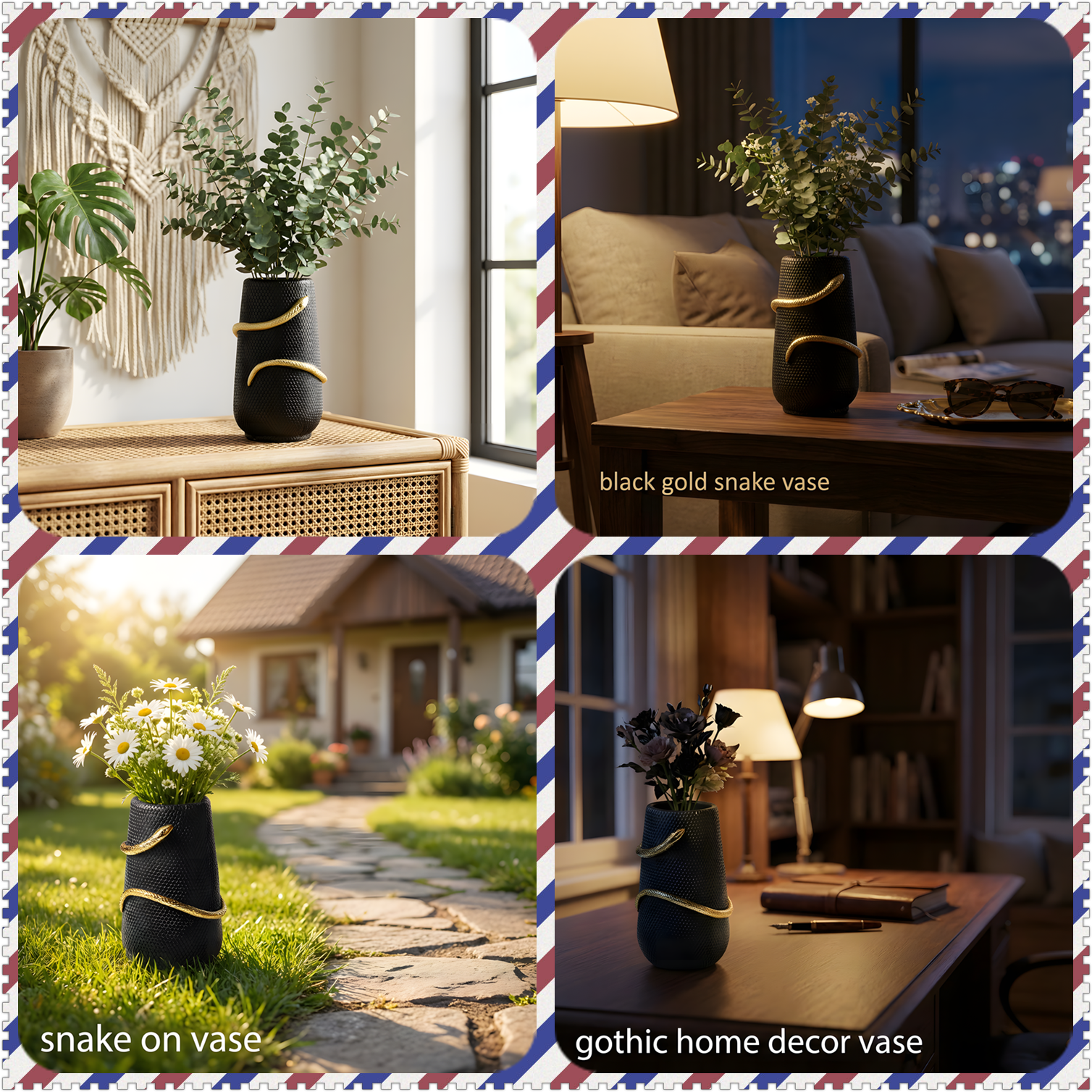 ChexLizard Black Decorative Table Vase, Snake Texture Finish with Gold Snake Detail, 8 Inch for Modern Home Decor and Centerpieces